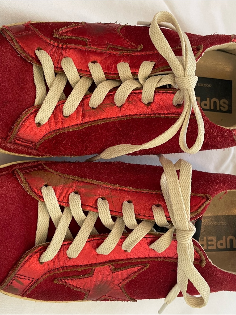 Golden Goose-Womans Red Suede & Metallic Star Sneakers